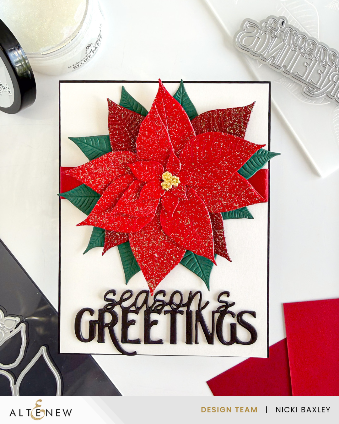 Glitter cardstock poinsettia Christmas card with embossed details
