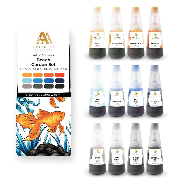 Beach Garden Artist Alcohol Markers Set & Alcohol Ink Bundle (12 colors)