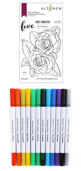 Altenew Stamp & Watercolor Bundle Paint-A-Flower: Camellia Waterhouse & Hawaiian Shores Brush & Fine Tip Pens Bundle